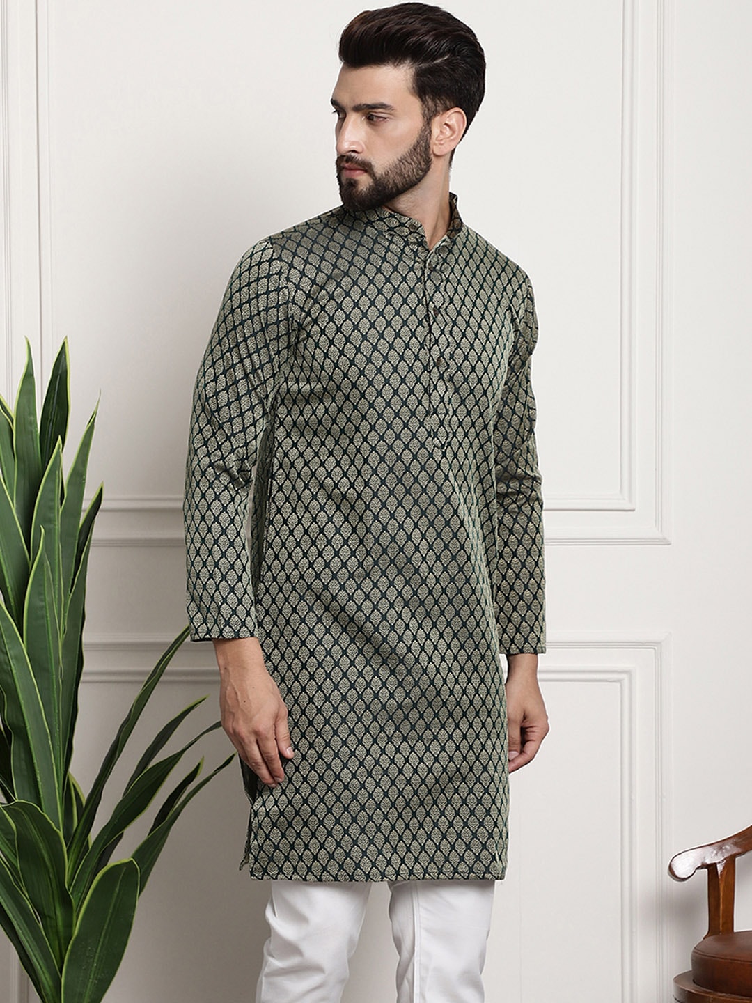 Sojanya Band Collar Ethnic Motifs Woven Design Kurta - Distacart