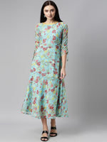 Thumbnail for Souchii Blue Floral Printed Chiffon A-Line Midi Dress - Distacart
