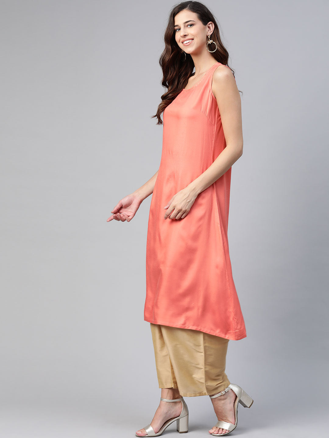 Biba Women Peach & Maroon Solid Kurta With Jacket - Distacart