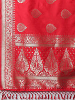 Thumbnail for Mitera Red & Silver-Coloured Ethnic Motifs Zari Woven Design Silk Blend Banarasi Saree - Distacart