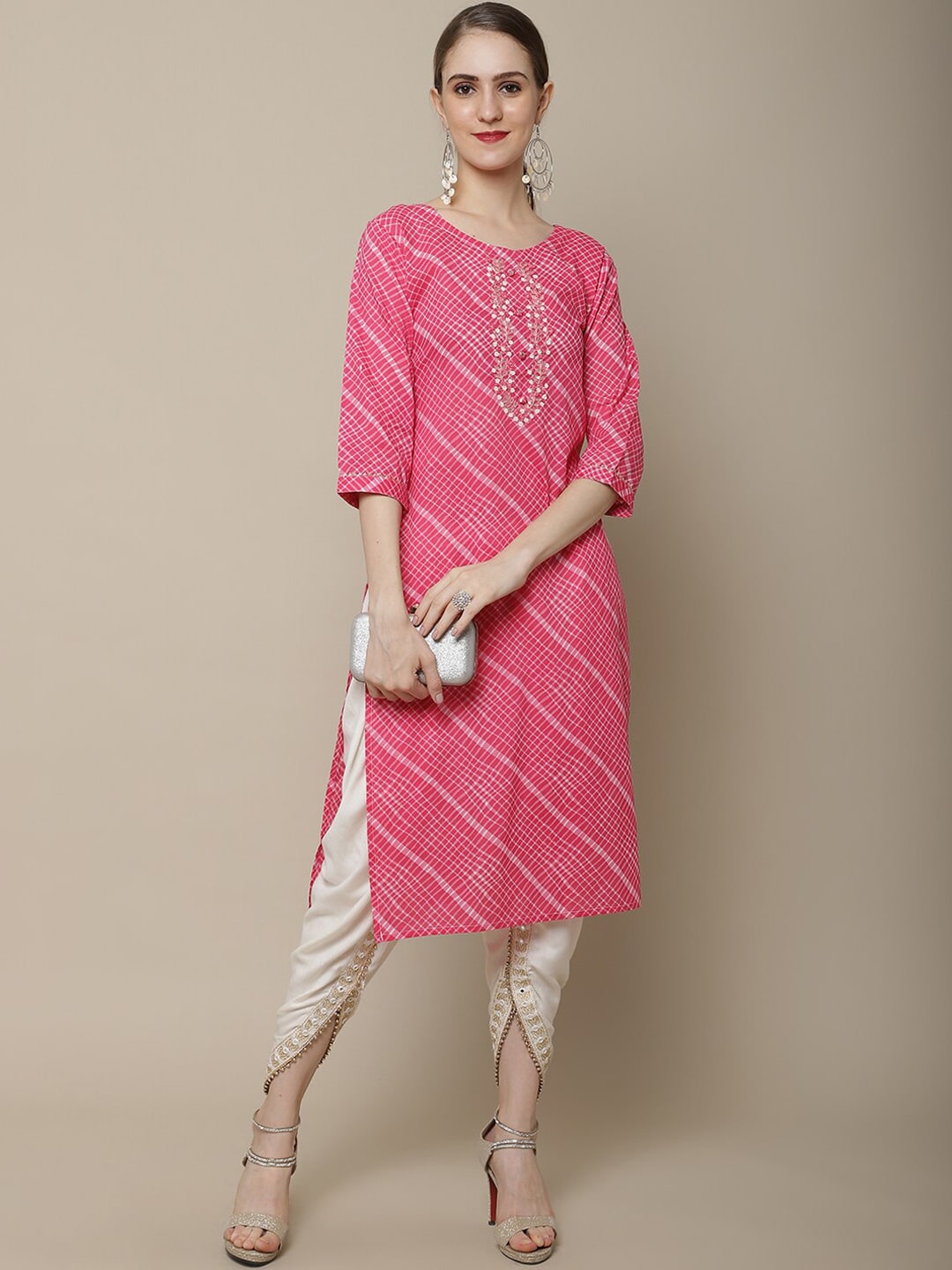 Sangria Women Pink Leheriya Striped Kurta - Distacart