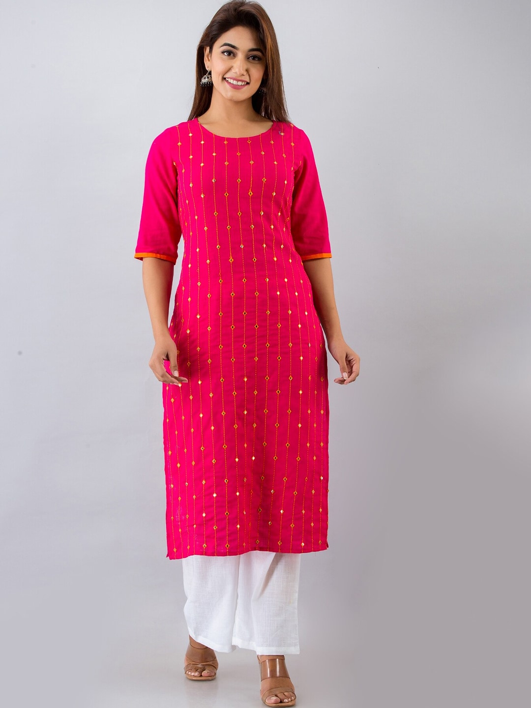 HERE&NOW Pink & White Geometric Embroidered Mirror Work Kurta with Palazzos - Distacart