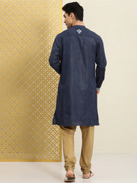 Thumbnail for House of Pataudi Men Navy Blue Embroidered Striped Pattern Jashn Kurta - Distacart
