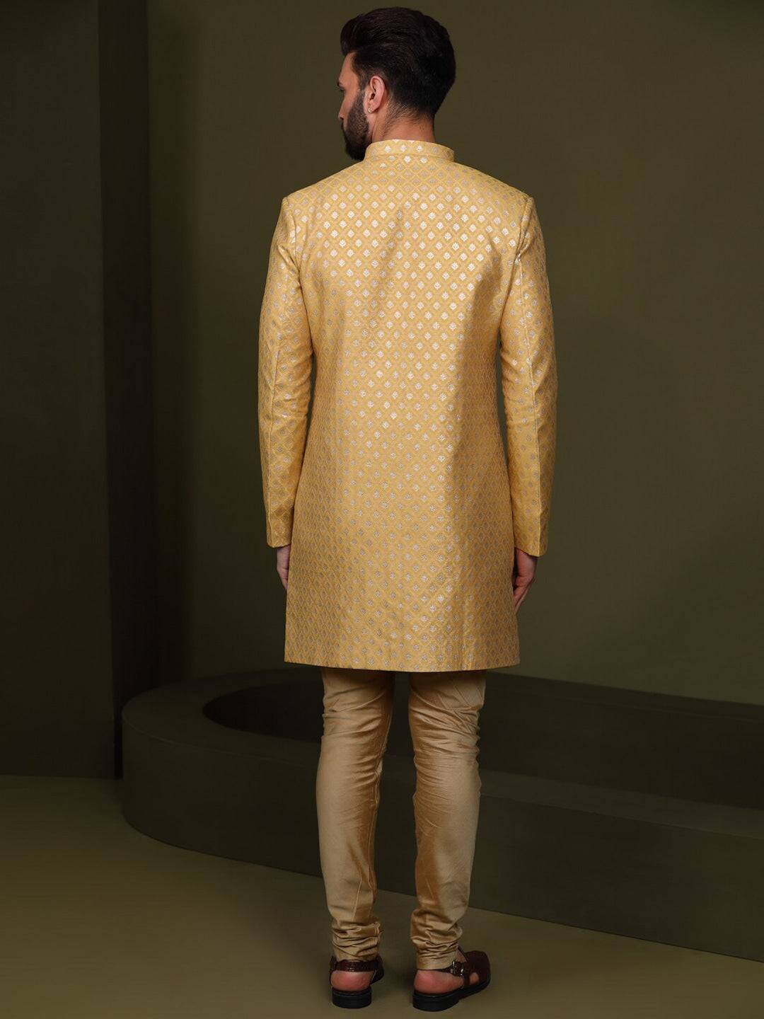 KISAH Woven Design Mandarin Collar Sherwani Set - Distacart