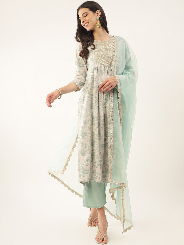 Khushal K Floral Printed Empire Thread & Mirror Work Kurta with Palazzos & Dupatta - Distacart