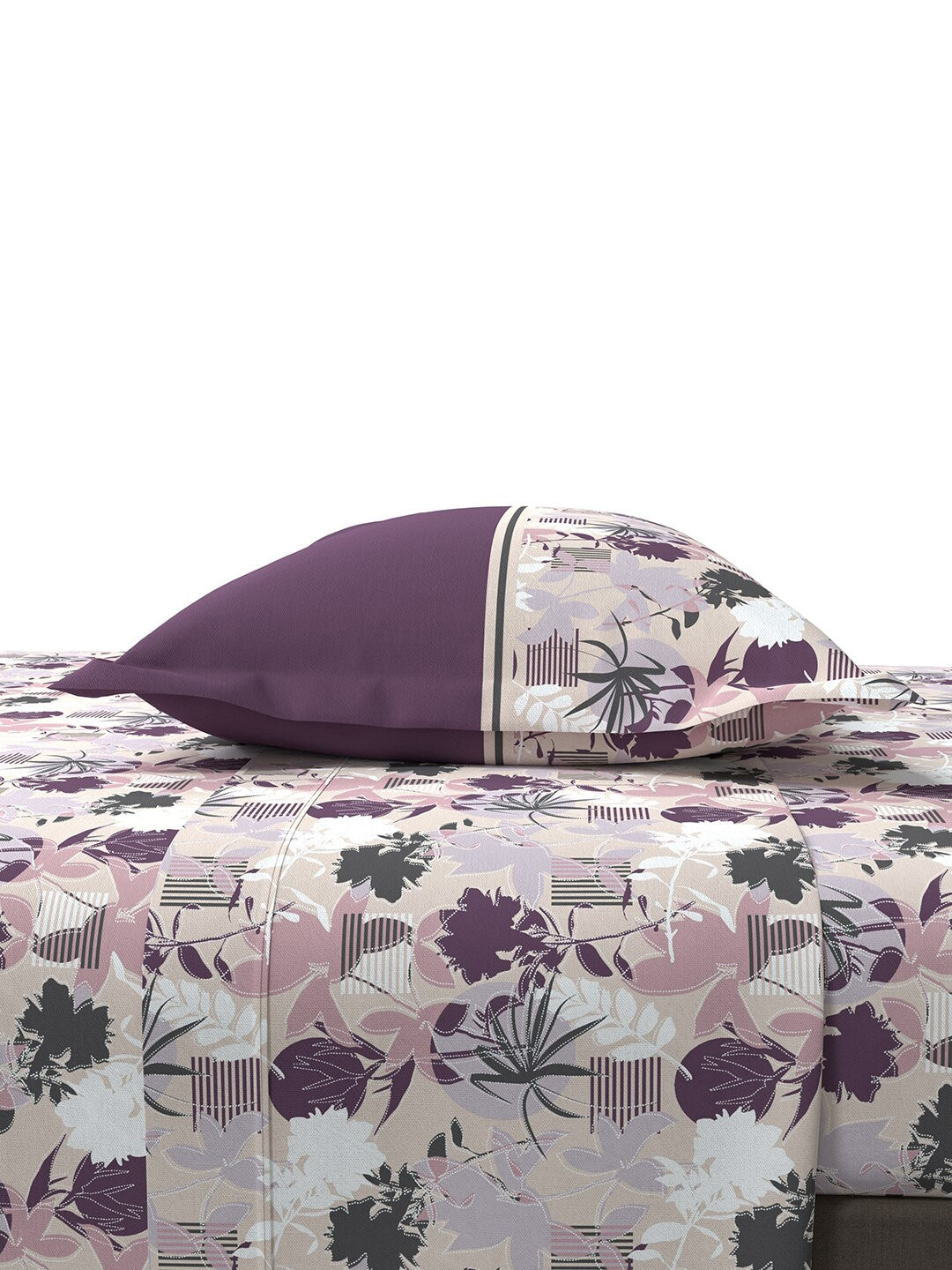 MYTRIDENT Mauve White Floral Cotton 144 TC Queen Bedsheet With 2 Pillow Covers - Distacart