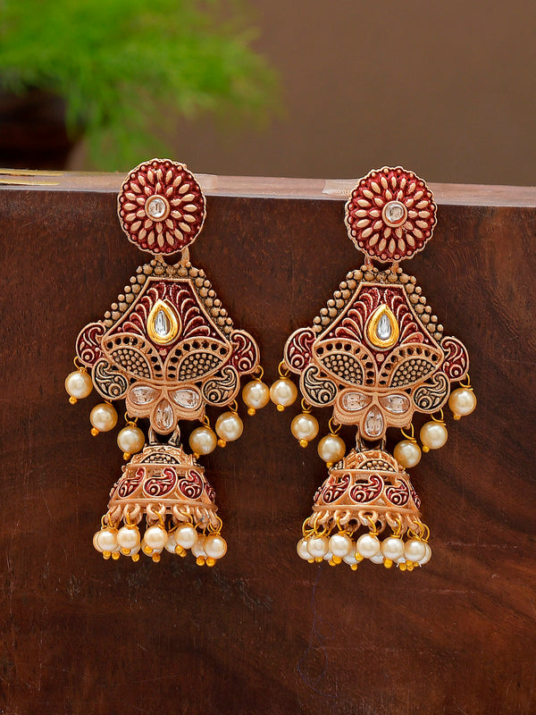 Shoshaa Maroon & Gold-Toned & Plated Contemporary Antique Jhumkas Earrings - Distacart