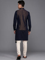 Thumbnail for Manyavar Men Navy Blue Solid Pleated Kurta with Pyjamas Printed Nehru Jacket - Distacart