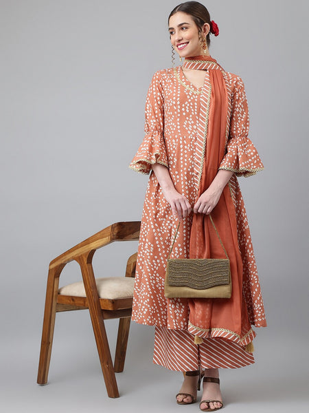 Khushal K Women Brown Ethnic Motifs Printed Panelled Pure Cotton Kurta with Palazzos & With Dupatta - Distacart