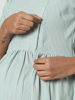 Thumbnail for Manet Three Fourth Maternity Dress Striped With Concealed Zipper Nursing Access - Pista Green - Distacart
