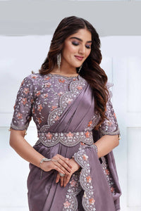 Thumbnail for Lavender Crepe satin silk Cord & Sequence Embroidered with Stone work Saree - Mohmanthan Majestica - Distacart