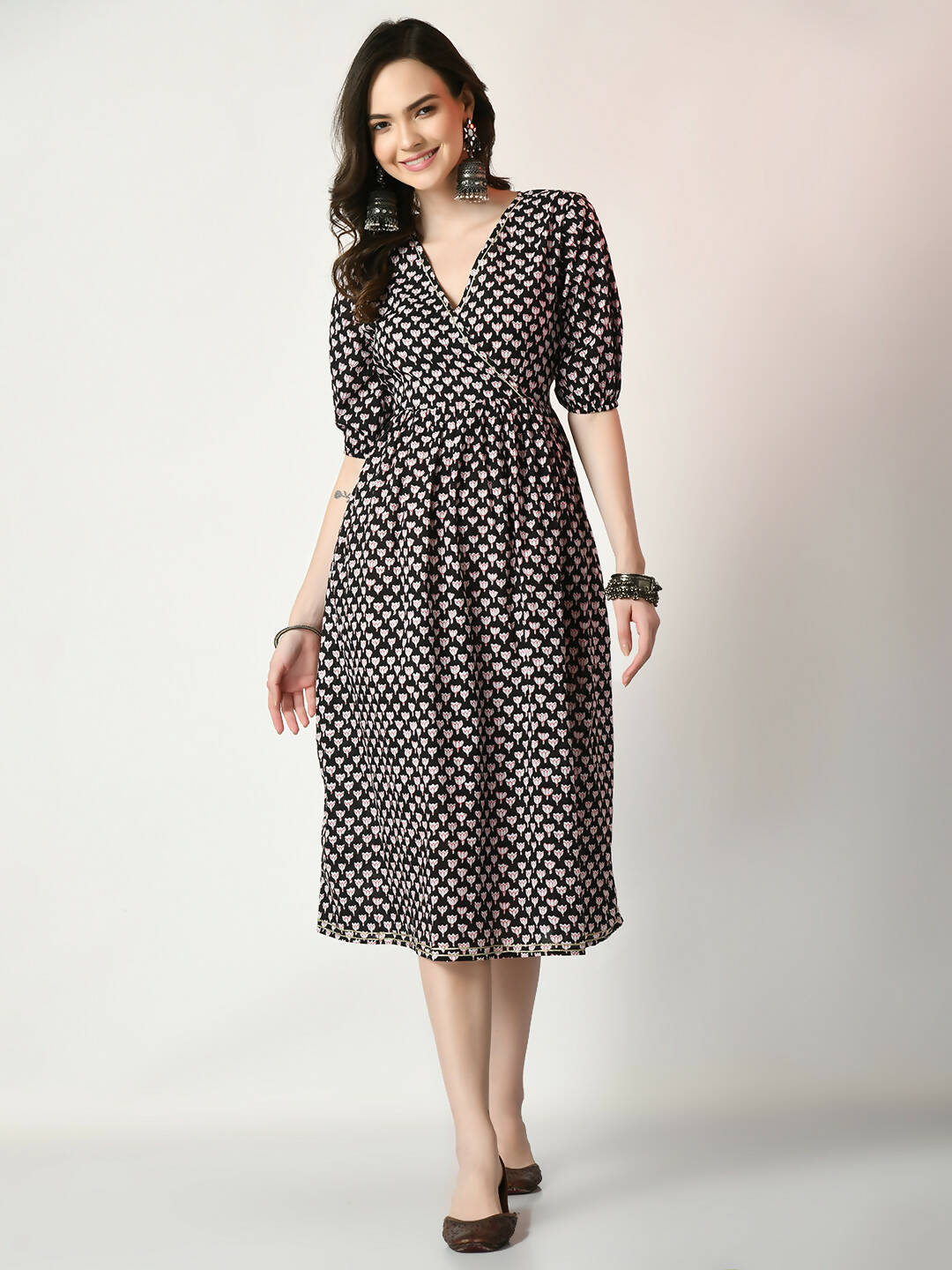 Myshka Women's Black Empire Printed Dress - Distacart