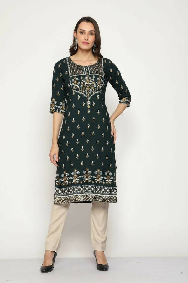 Maai Rayon Hand Printed Kurta Green - Distacart