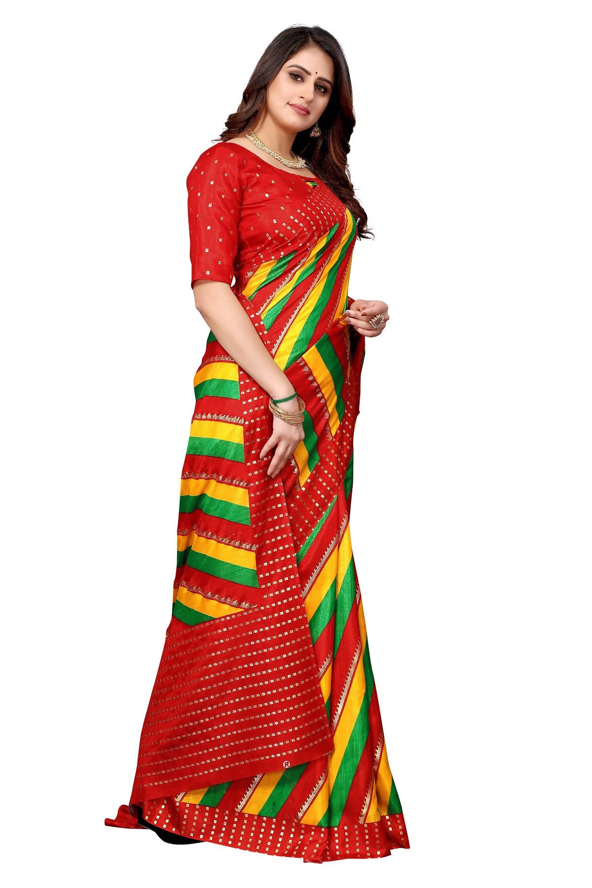 Vamika Ethnic Fire Red Foil Print Art Silk Saree - Distacart