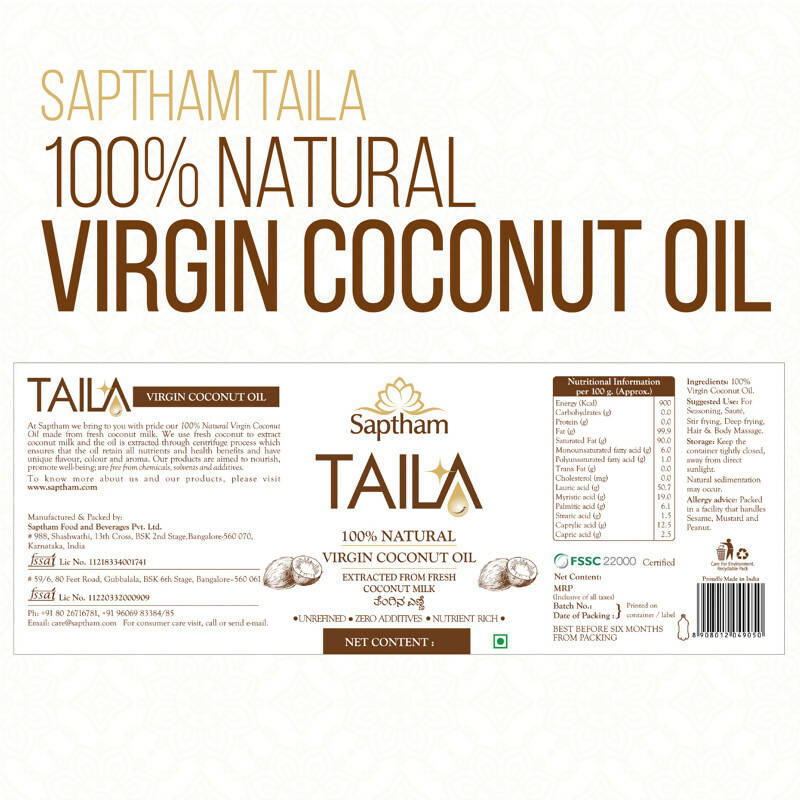 Saptham Taila 100% Natural Virgin Coconut Oil - Distacart