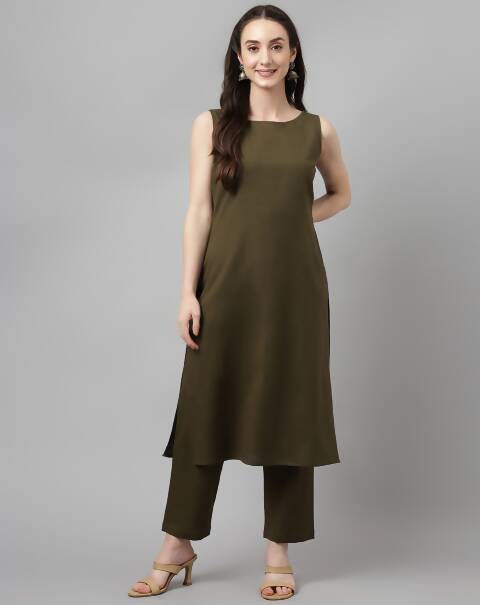 FIORRA Women's Olive Rayon Silk Straight Kurta Set - Distacart