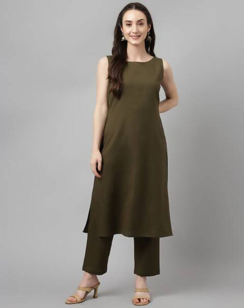 FIORRA Women's Olive Rayon Silk Straight Kurta Set - Distacart
