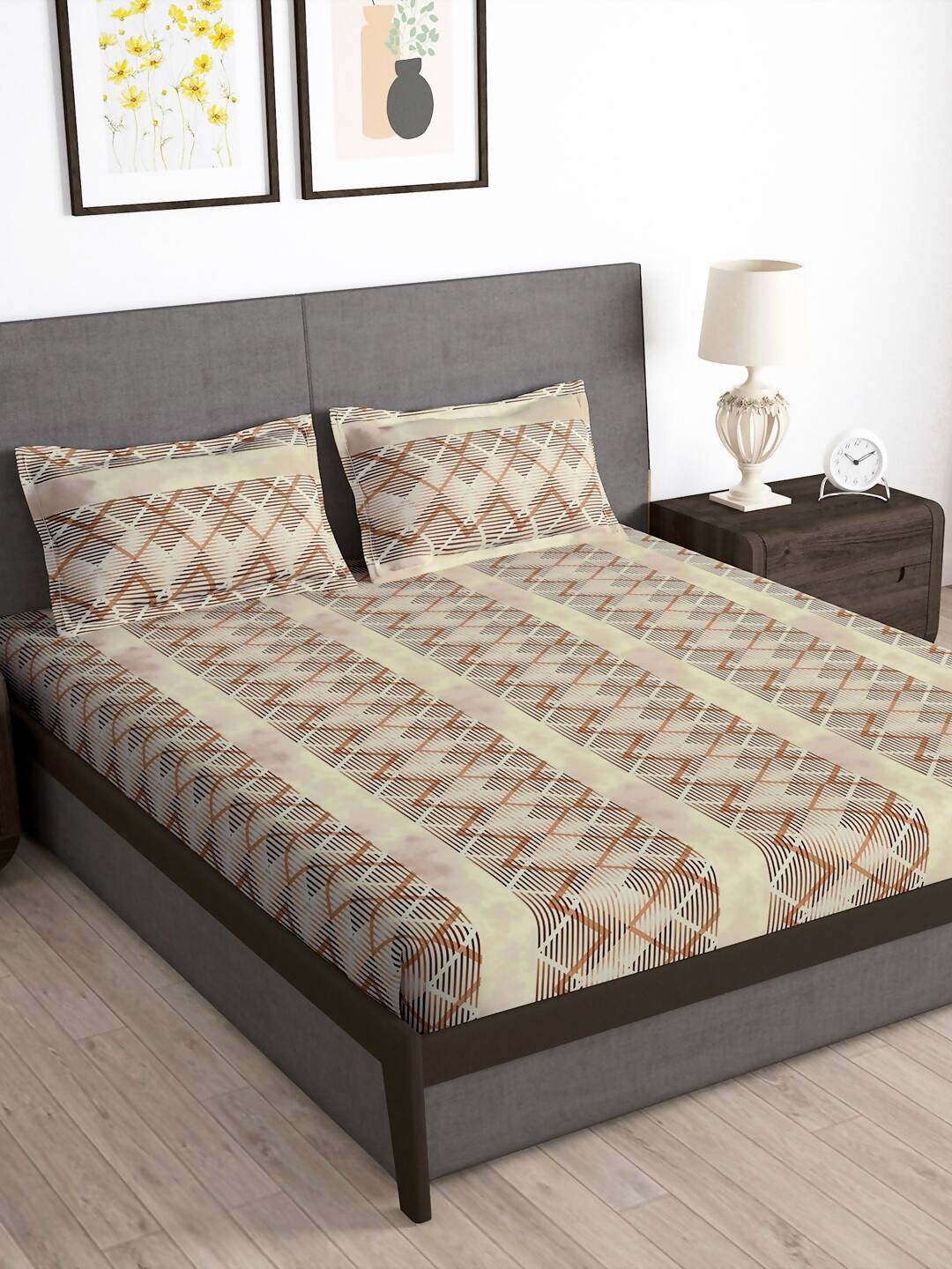 Story@home Brown & White Striped Microfiber 180 TC Bedsheet With Pillow Cover - Distacart