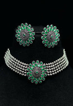 Thumbnail for Mominos Fashion Johar Kamal Oxidised Silver-Plated Brass Finish Kundan Choker For Women (Green) - Distacart