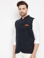 Thumbnail for Even Apparels Navy Polyester Men's Nehru Jacket-Contrast Lining-Inbuilt Pocket Square - Distacart