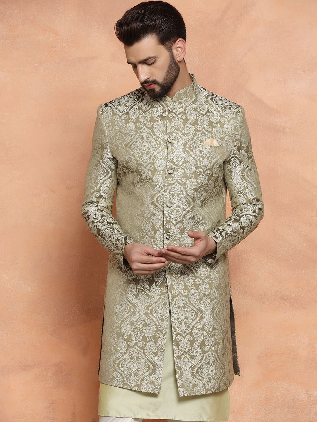 KISAH Ethnic Motifs Woven Design Mandarin Collar Sherwani Set - Distacart