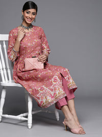 Thumbnail for Biba Women Pink Printed A-Line Pure Cotton Kurta with Trousers - Distacart