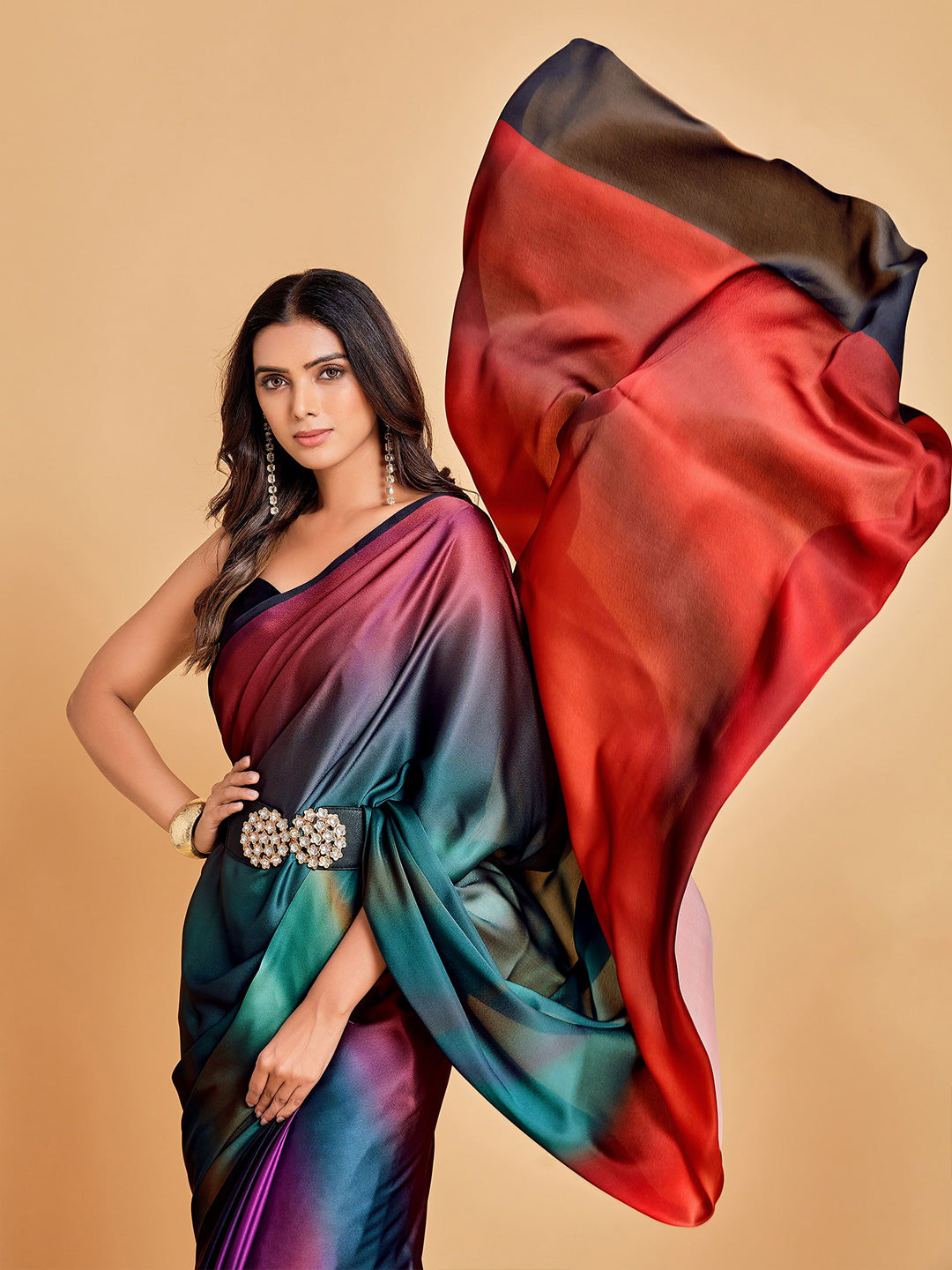 Sangria Violet & Orange Ombre Satin Saree - Distacart