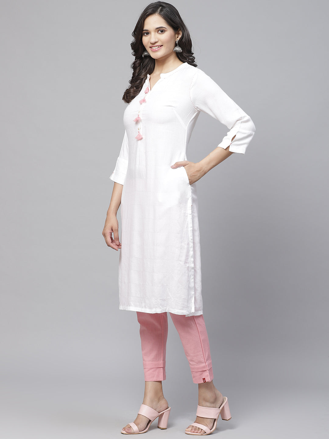 Biba Women White & Silver Self-Checked Straight Kurta - Distacart