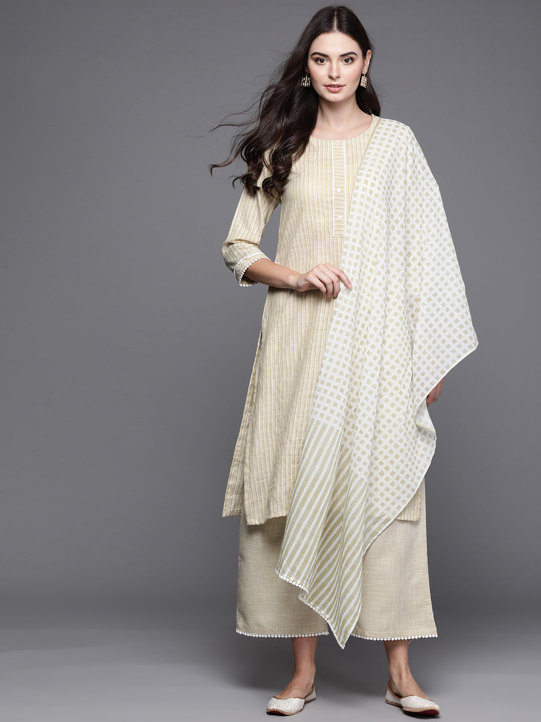 Biba Women Green & White Striped Kurta with Palazzos & Dupatta - Distacart