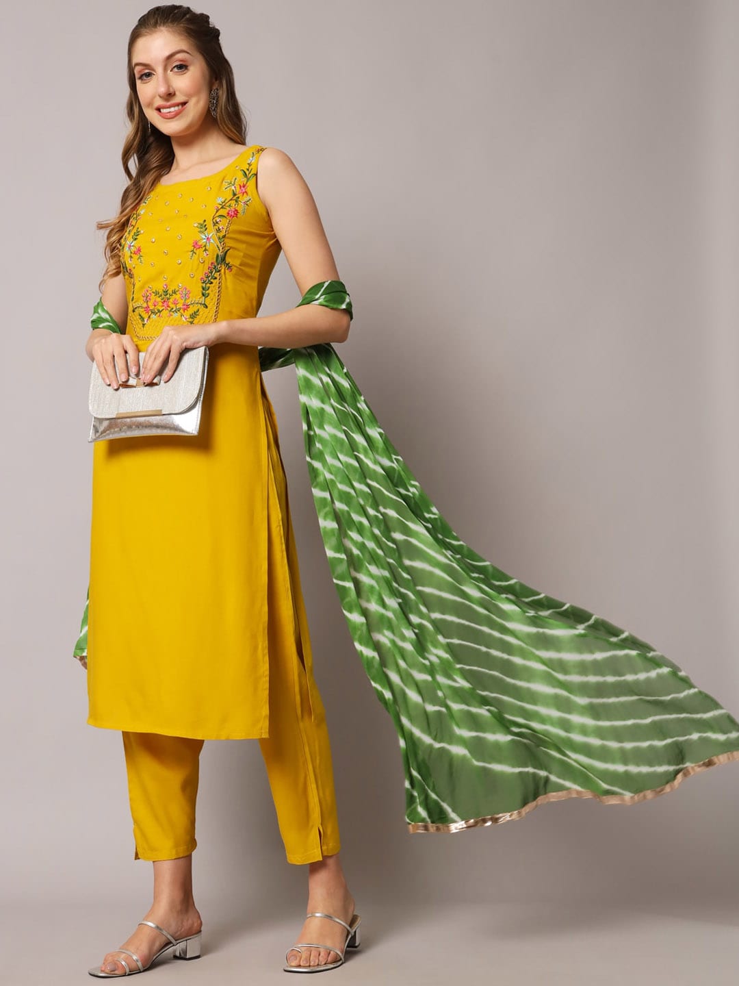 Kalini Floral Embroidered Mirror Work Straight Kurta with Trousers & Dupatta - Distacart