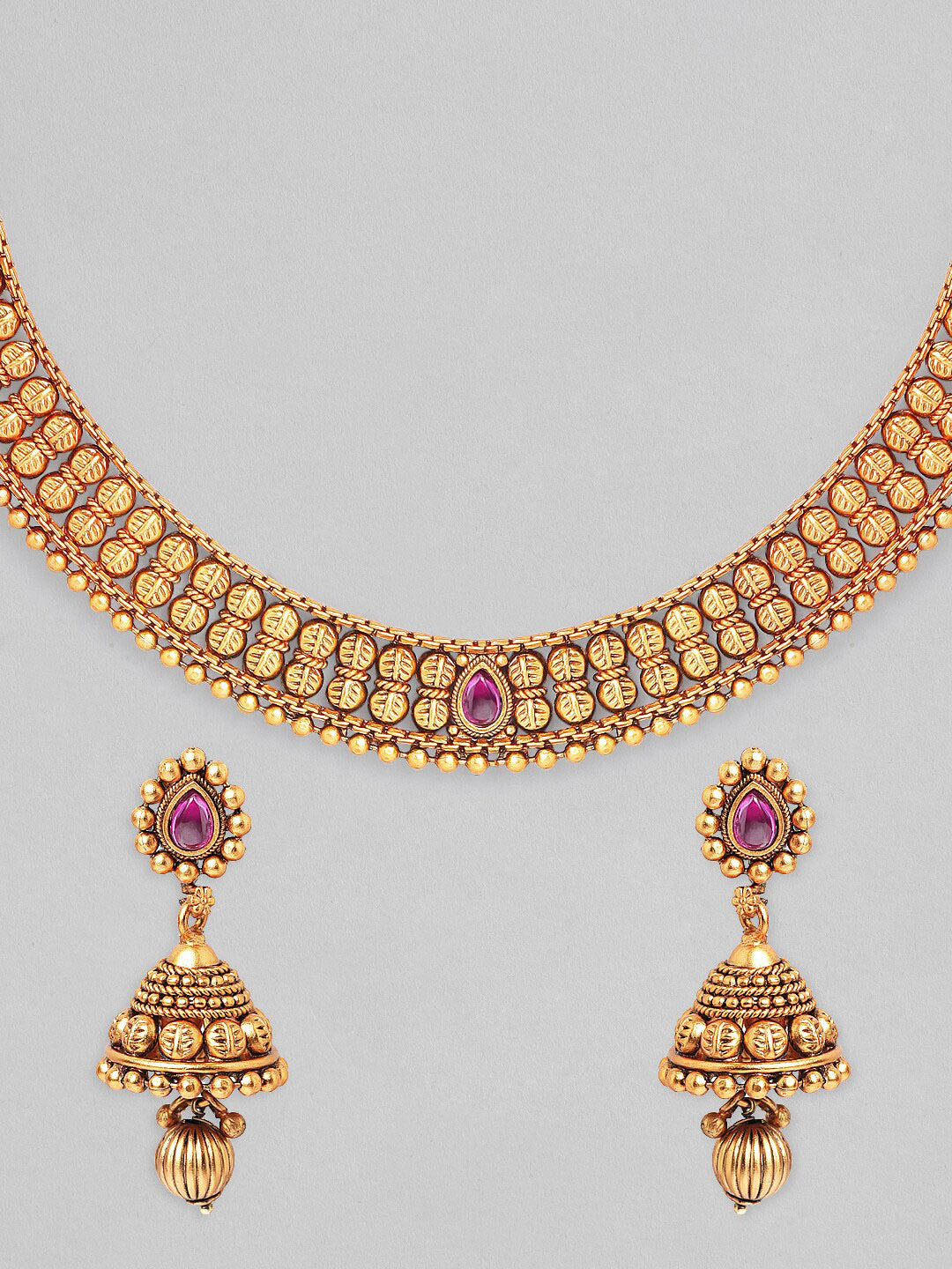 Rubans Gold-Plated Pink Stone-Studded & Beaded Handcrafted Temple Jewellery Set - Distacart