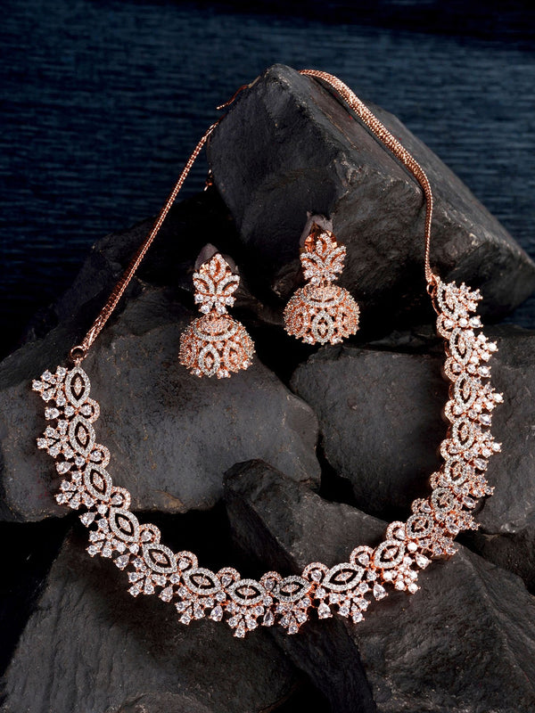 Saraf RS Jewellery Rose Gold-Plated & White AD & CZ-Studded Contemporary Jewellery Set - Distacart