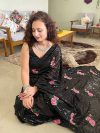 Thumbnail for Mitera Black & Pink Floral Embroidered Sequinned Saree - Distacart