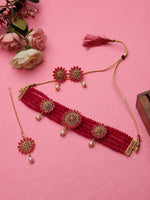 Thumbnail for Cardinal Gold-Toned & Pink Onyx-Studded & Beaded Jewellery Set - Distacart