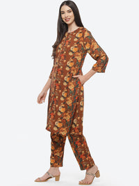 Thumbnail for Biba Women Brown Floral Printed Kurta with Trousers - Distacart