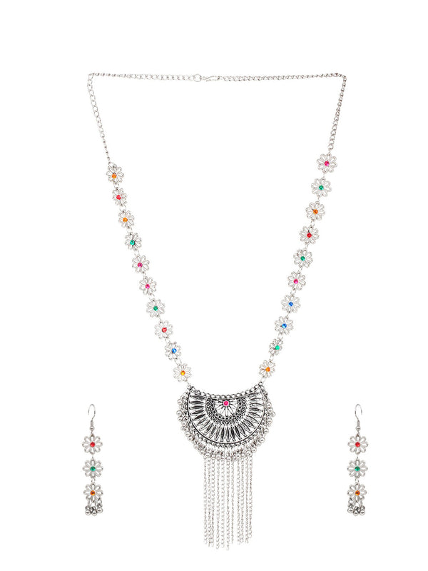 Cardinal Women Silver-Toned Pink & Yellow Stone Studded Jewellery Set - Distacart