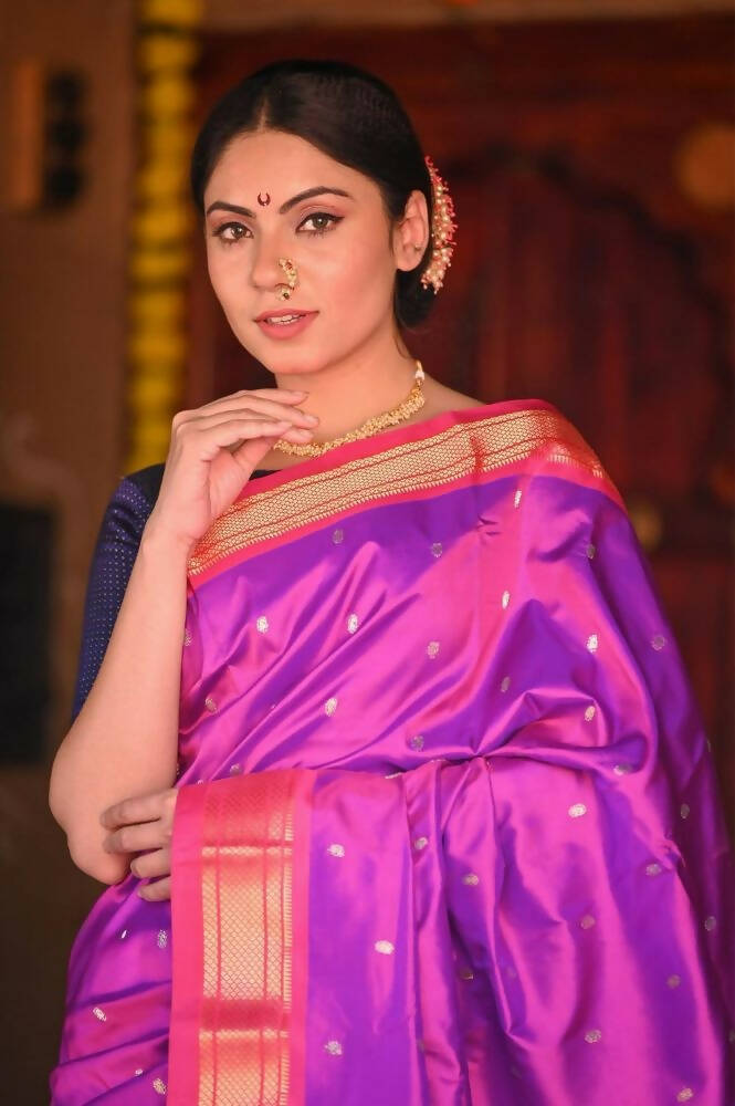 Very Much Indian Raaga Handloom Pure Silk Gleaming Violet Paithani With Pink Border And Pallu - Distacart