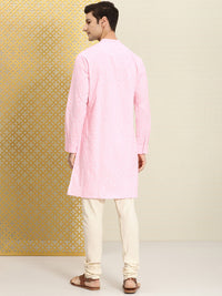 Thumbnail for House of Pataudi Men Pink & White Bandhani Printed Pure Cotton Jashn Kurta - Distacart