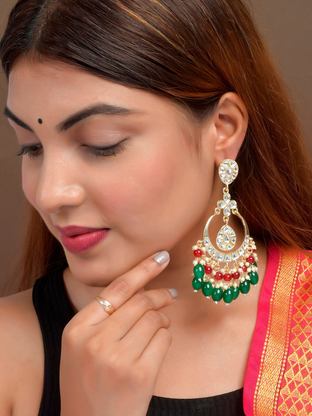 Shoshaa Green Contemporary Kundan Chandbalis Earrings - Distacart