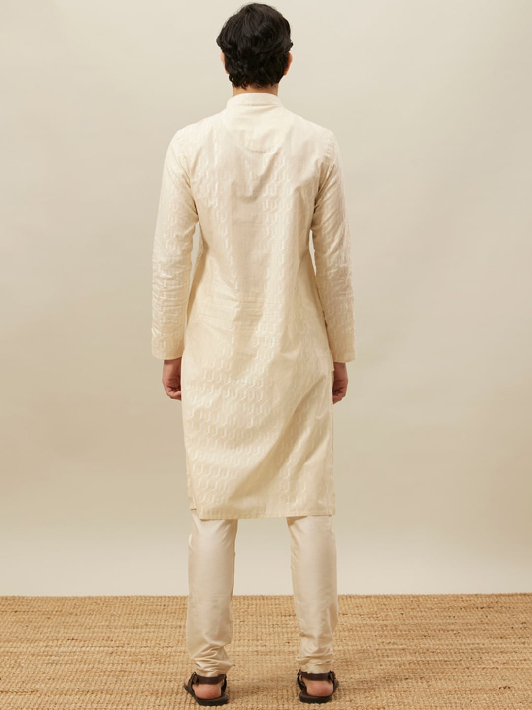 Manyavar Self Design Mandarin Collar Pure Cotton Kurta With Pyjamas - Distacart