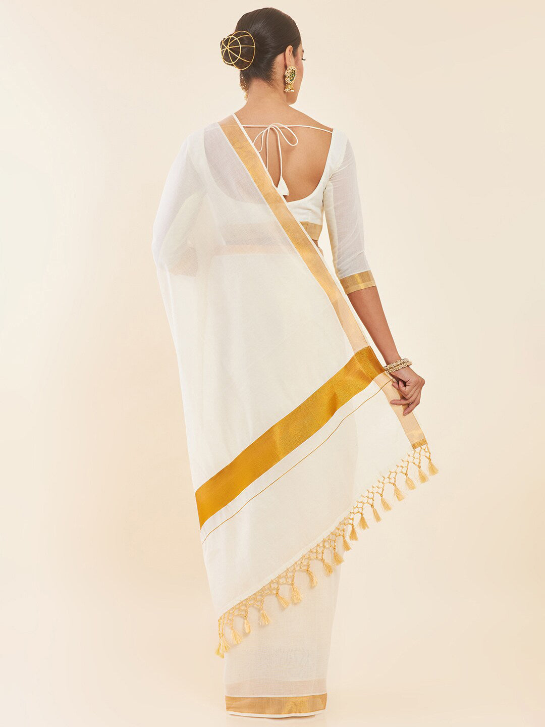 Soch Off-White & Gold Zari Pure Cotton Kasavu Saree - Distacart