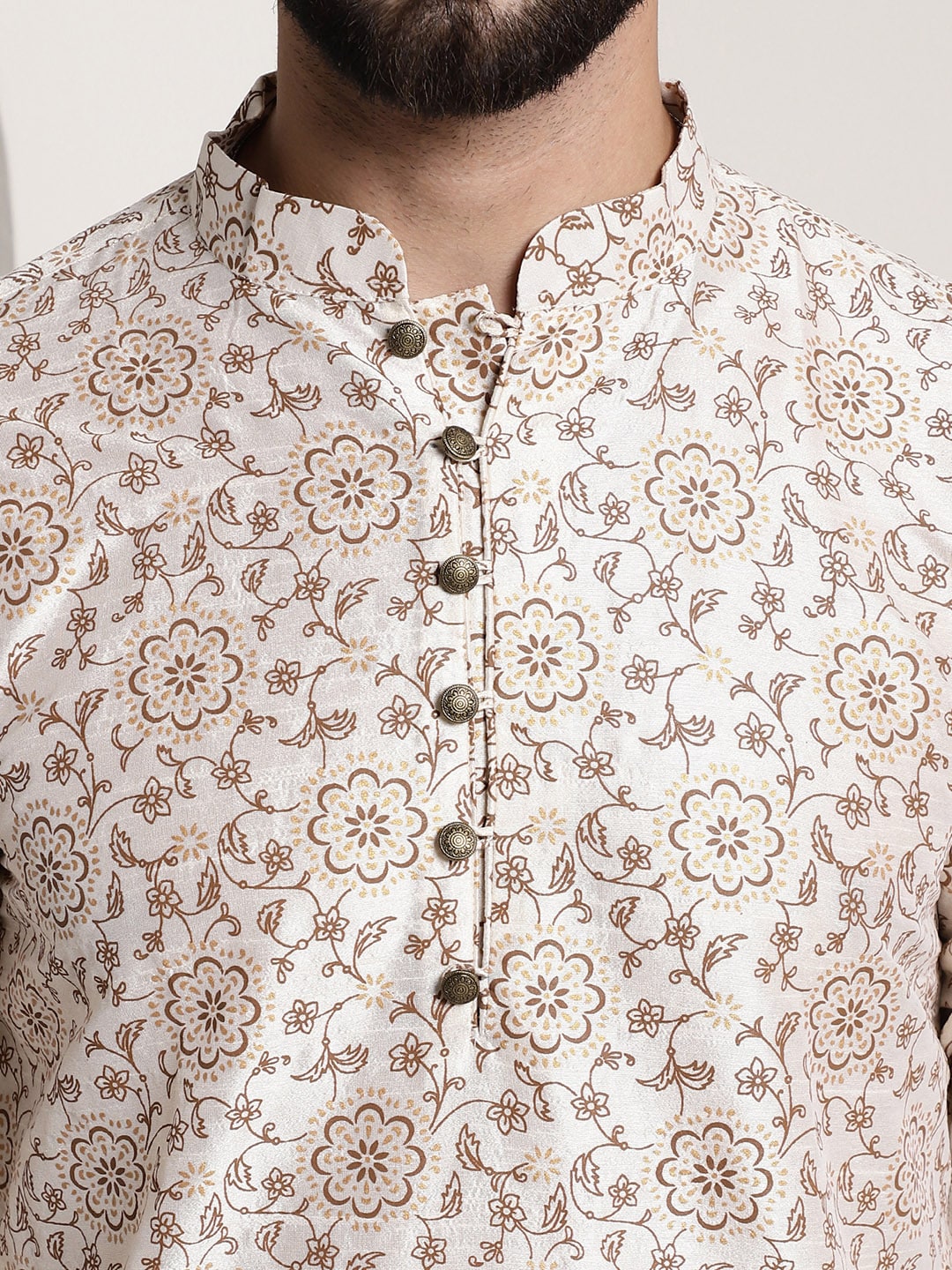 Sojanya Men Cream-Coloured & Brown Silk Cotton Printed Regular Kurta with Churidar - Distacart