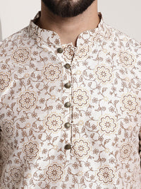 Thumbnail for Sojanya Men Cream-Coloured & Brown Silk Cotton Printed Regular Kurta with Churidar - Distacart