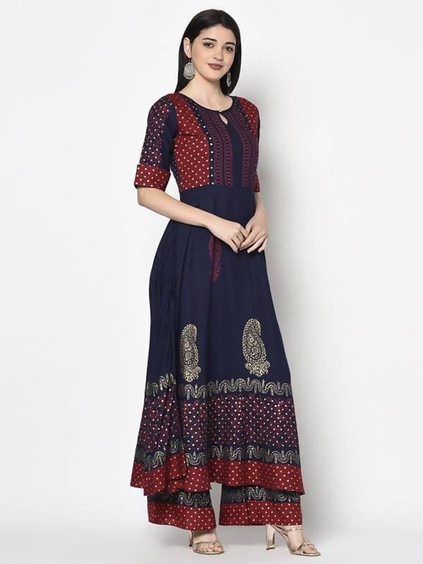 Aniyah Rayon Navy Blue Color Block Print Anarkali kurta (AN-177K)