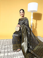 Thumbnail for Saree Mall Navy Blue & Gold-Toned Ethnic Motifs Zari Silk Blend Banarasi Sarees - Distacart