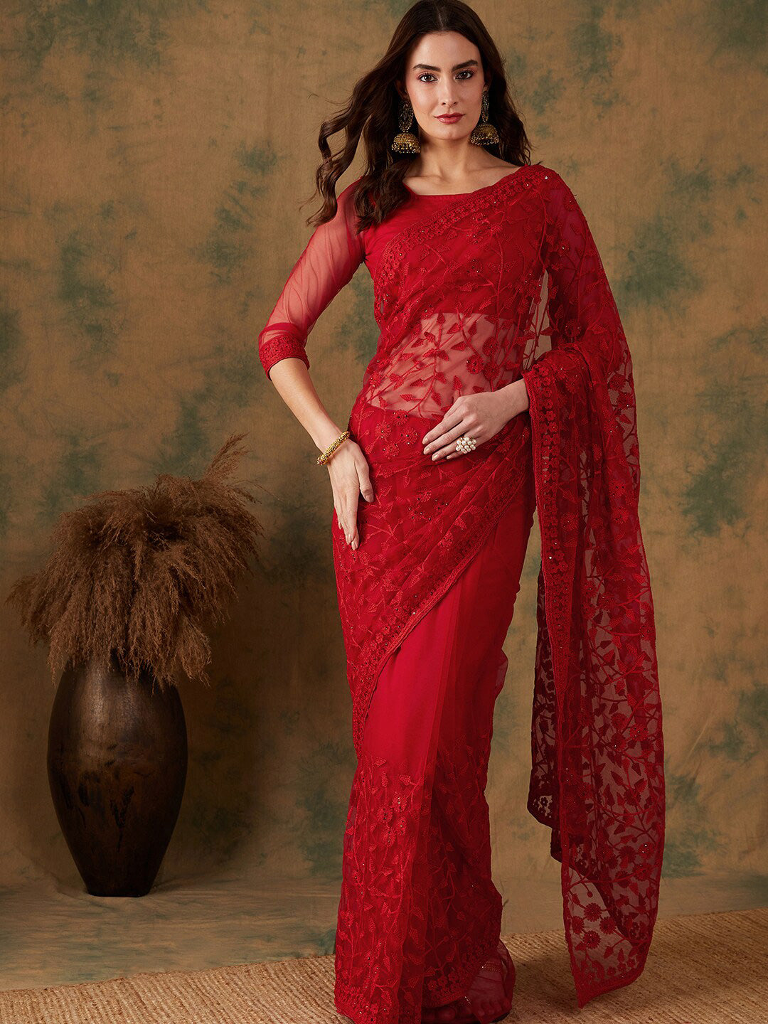 Sangria Embroidered Net Sarees - Distacart