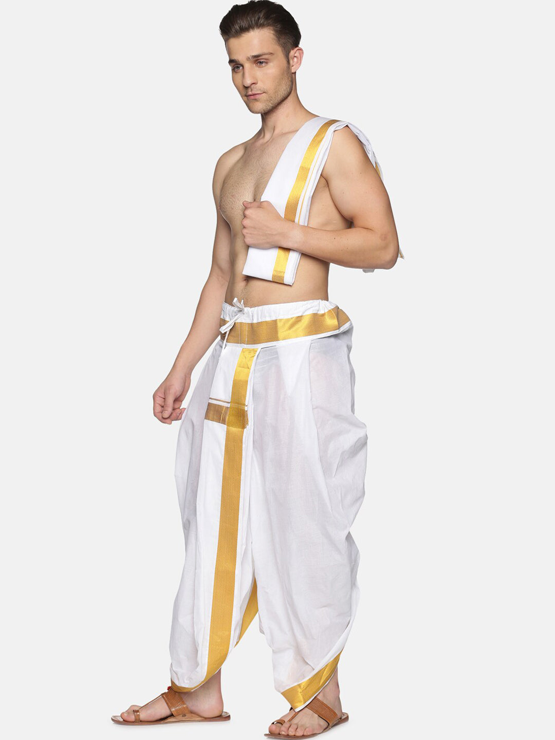 Sethukrishna White & Gold-Toned Solid Ready Made Dhoti Pants - Distacart