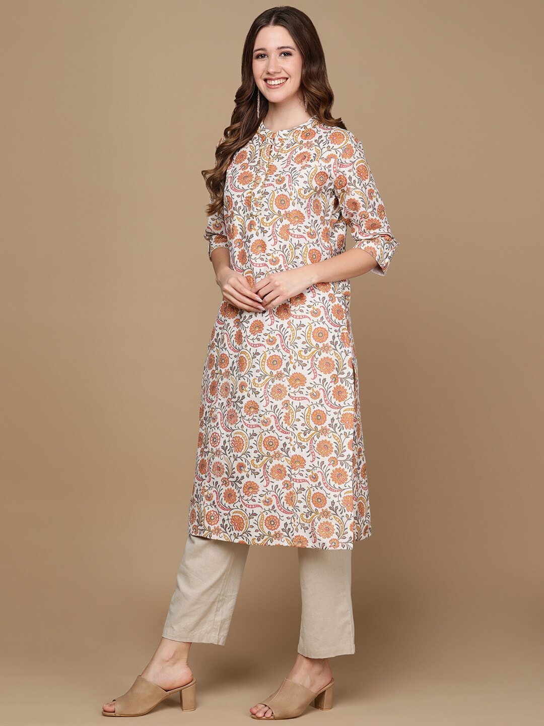 HERE&NOW White & Yellow Floral Printed Sequined Cotton Kurta - Distacart
