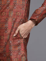 Thumbnail for Manyavar Men Rust Red Ethnic Motifs Woven Design Kurta with Churidar - Distacart