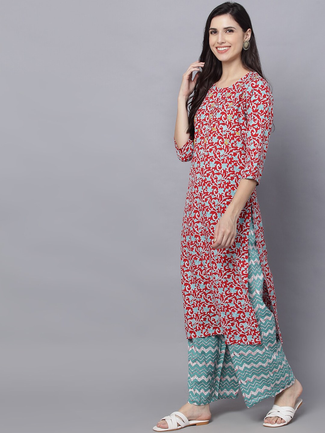 HERE&NOW Women Maroon Printed Kurta With Palazzos - Distacart